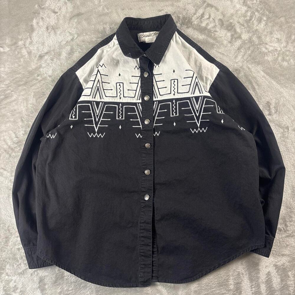 Panhandle Slim Western Shirt Mens M-L Black White Southwestern Pearl Snap VTG